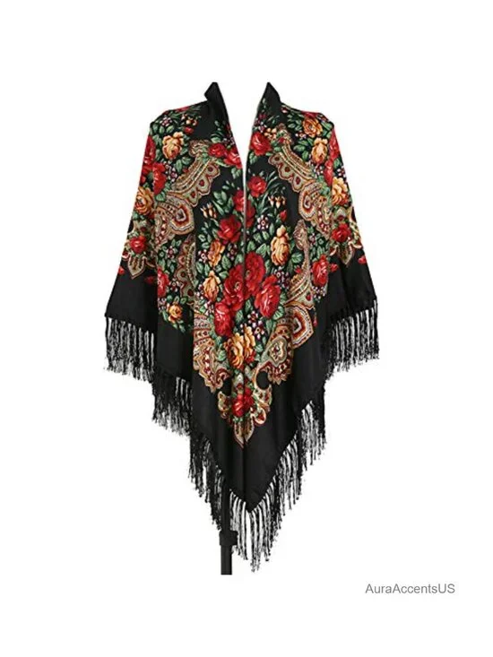 Oversized Cotton Floral Scarf Wrap Shawl Tassel Fringes Poncho