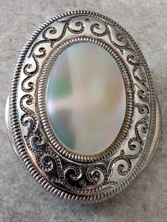 Vintage German Signed Iridescent Mother Of Pearl Silver Tone Small Scarf Clip
