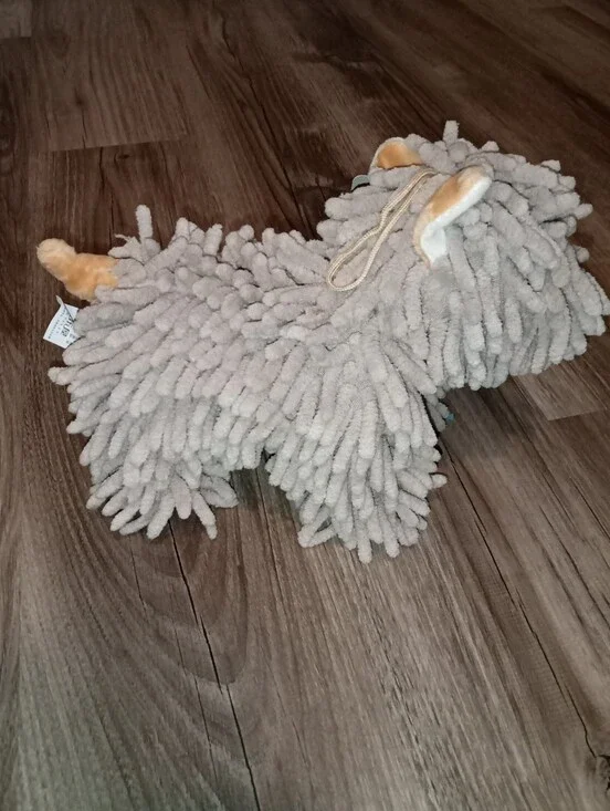 Hand towel:  Plush Mop Dog Hand Towel Light Gray and beige.