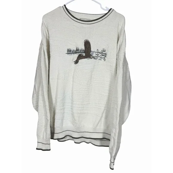 Fieldmaster USA Eagle‎ Sweater XL Cream Textured Knit Bald Eagle Cabin Cottage