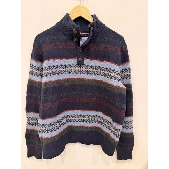 Tommy Hilfiger Men's Fair Isle Knit Sweater L Blue Mock‎ Neck Button Pullover
