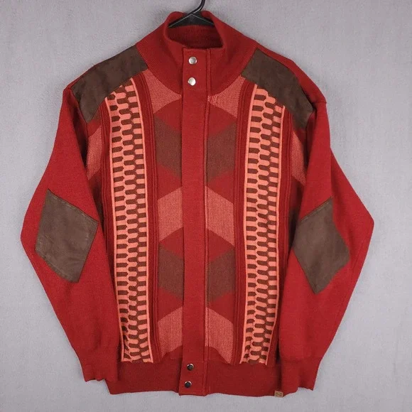 Silversilk Sweater Mens‎ Large Red Geometric Full Zip Suede Trim Elbow Patches L