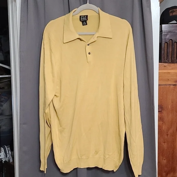 JoS A Banks Men's Sweater‎ Gold Lightweight Collared 100% Silk Size XL EUC