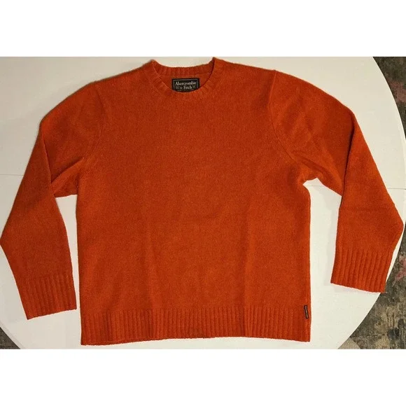 VTG Y2K 90s Abercrombie Fitch Men XL Orange 100% Wool Shetland‎ Crewneck Sweater
