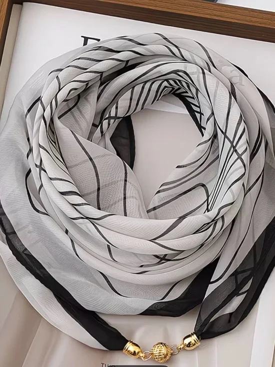 Chic Black & White Sheer Wrap Scarf with Gold Bead Accent
