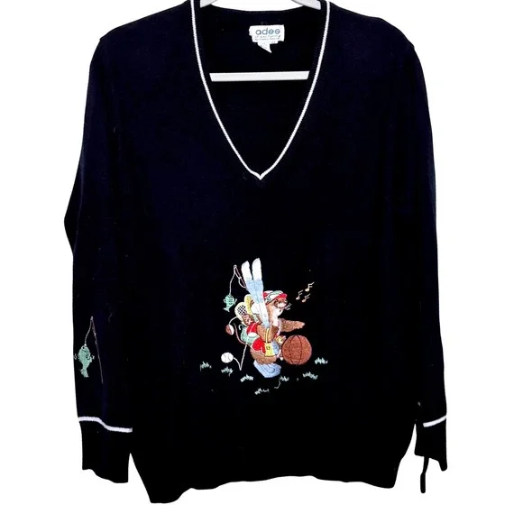 Vintage 80s Adee California Men's Novelty Otter Fishing Skiing Sweater 42 V-Neck
