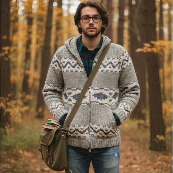 Vintage Wool Hand Knit Cowichan Style Sweater YKK Zippered Cardigan Fair‎ Isle L