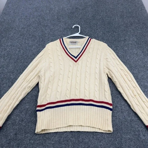 Vintage Fashion Hill Sweater Mens 38 Cream Wool Cable Knit V Neck Preppy Style
