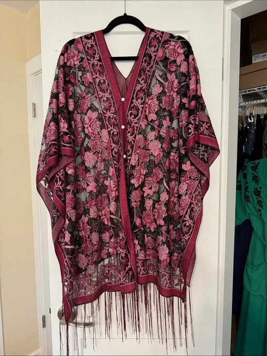 Boho Sheer Burnout Floral Poncho Cape Wrap Metallic Fringe One Size