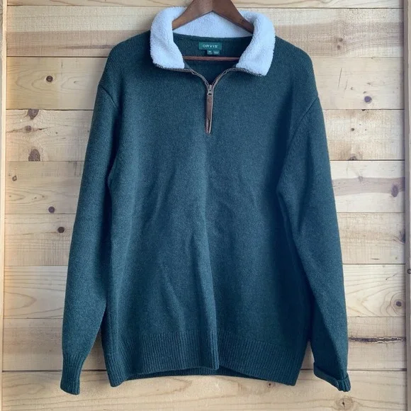 Orvis Men's Medium Lambswool Leather Trim 1/4 Zip‎ Sherpa Fleece Sweater Green