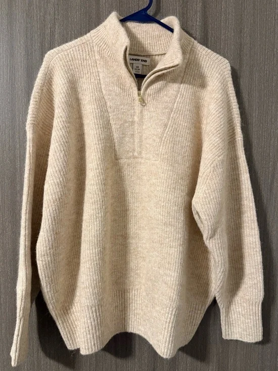 Lands' End UNISEX Cream Zip-Neck Pullover Sweater