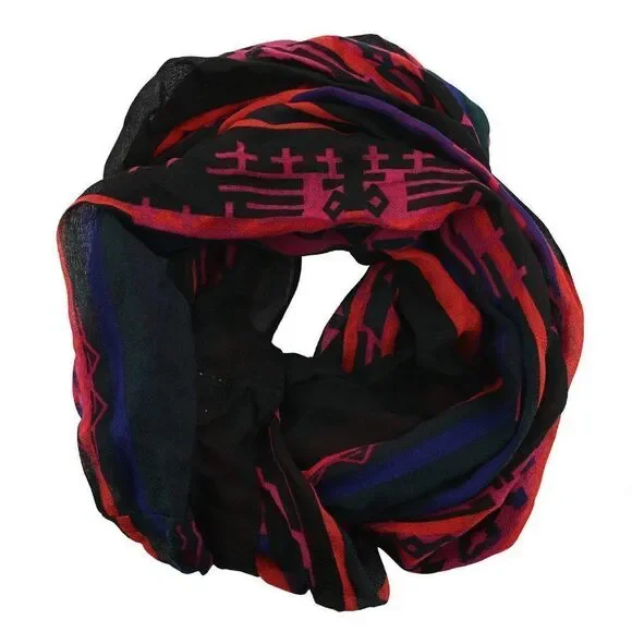 Black Southwestern Print Lightweight Oblong Scarf with Raw Fringe 3 For $30