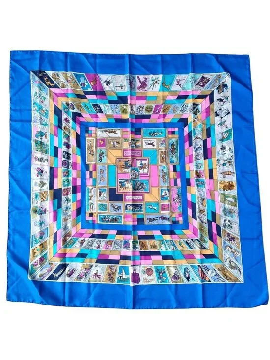 Hermes Carre 90 Silk 100% Correspondanc Large Bandana Scarf Blue