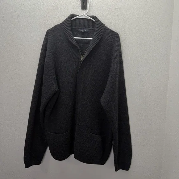 Nautica Chunky 100% Wool Shawl Collar Fisherman Jacket Sweater Ribbed Grandpa L