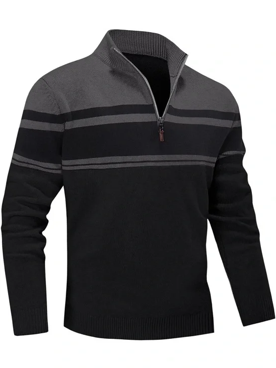 Men's Black & Gray Half-Zip Striped Sweater
