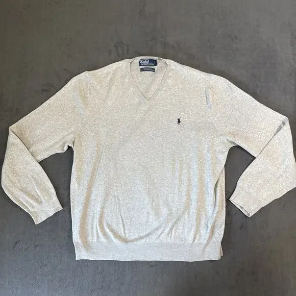 Polo Ralph Lauren Sweater Mens XXL Gray V Neck Pima Cotton Soft Knit Casual