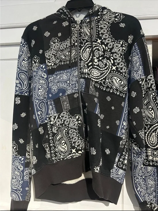 Men's Zip-Up Hoodie - Black & Navy Bandana Print