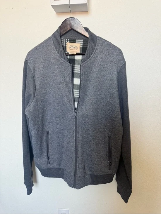 Boston Traders Navy and Cream Plaid Lined Knit Jacket