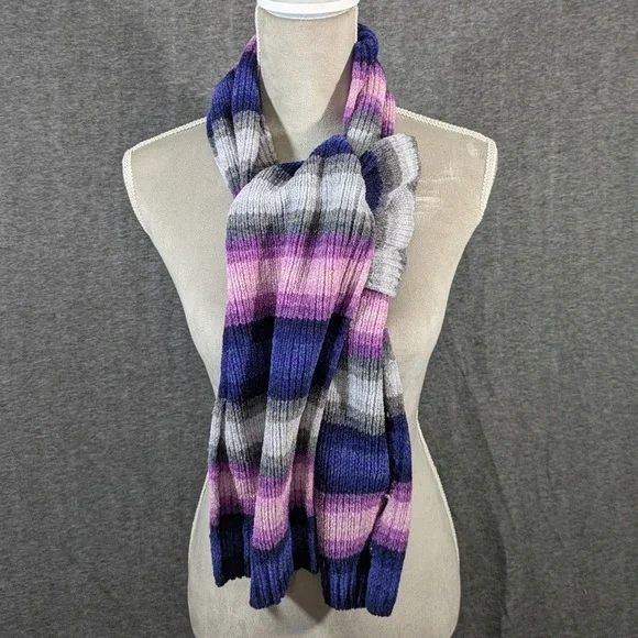 Merona Womens Purple Blue Pink Striped Chenille Ribbed Knit Winter Scarf