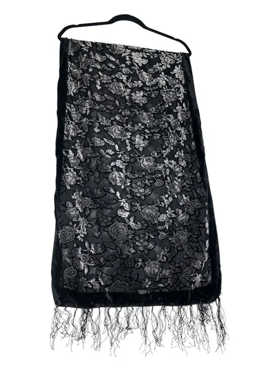 Vintage 90s Black Velvet Floral Burnout Shawl Scarf