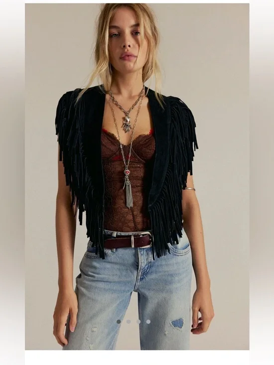 Free People Black Real Suede Leather Fringe Shrug collar New w / o tags