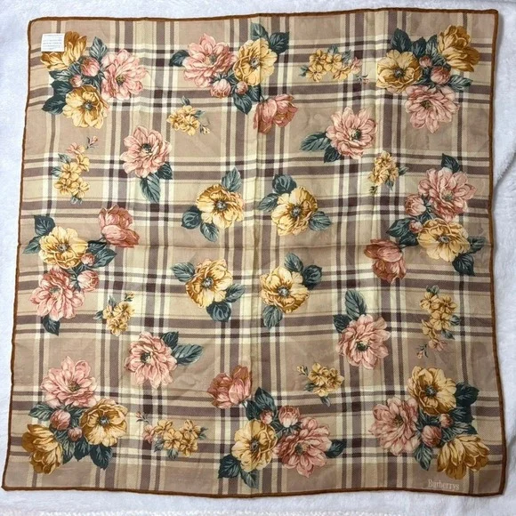 Vtg BURBERRYS Scarf Handkerchief Floral Plaid Cotton Tan 20.5in