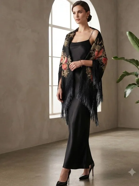 Artisan 100% Silk Embroidered Shawl Hand-Rolled Hem Hand-Knotted Fringe