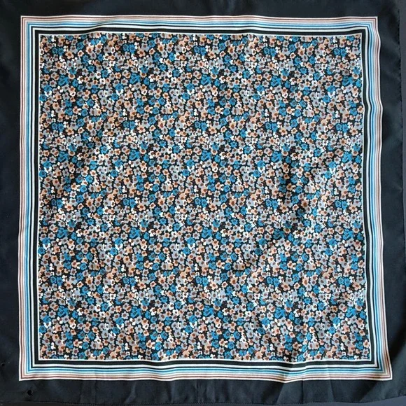 Vintage Floral Square Scarf Black Blue Orange Ditsy Print 26x26 Neckerchief