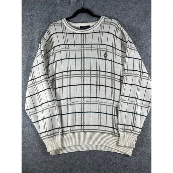 Fairway Sport Crewneck Sweater Mens Large Cream Plaid Cotton Knit Golf USA