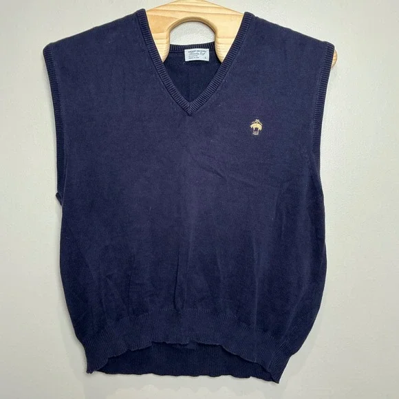 Brooks Brothers Brooks Golf Sweater Vest V-Neck Cotton Mens L Navy Blue USA