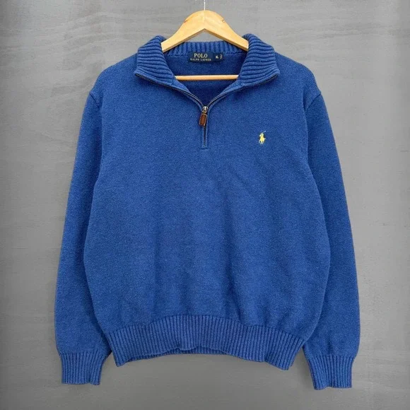 Polo Ralph Lauren Quarter Zip Sweater Blue Cotton Knit Pullover XL