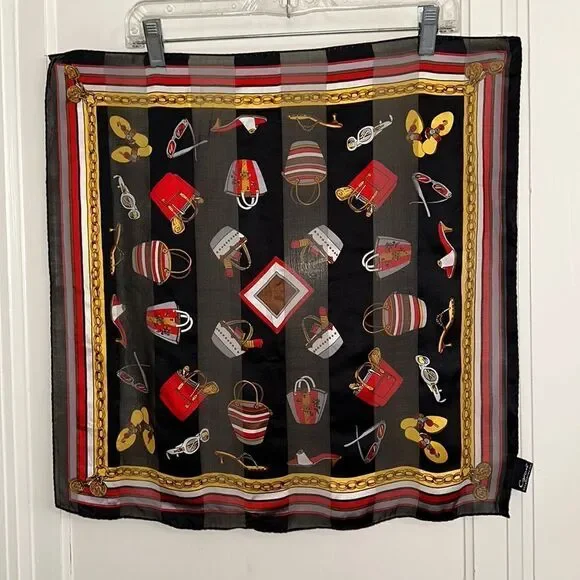 Cejon beach themed black, red, gold,‎ white & gray silk square scarf