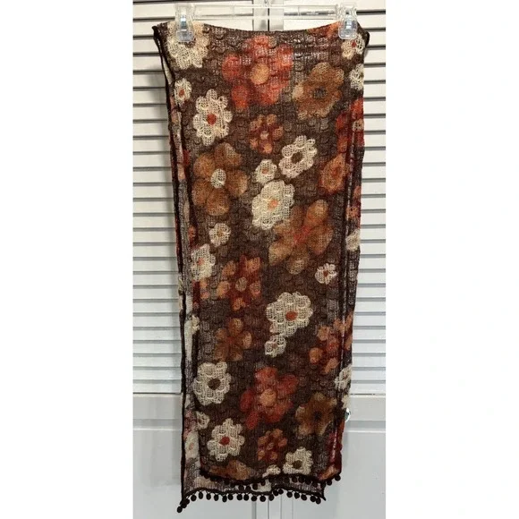 Boho Flowers Brown/Orange‎ Open Knit Lightweight Scarf Pom Poms