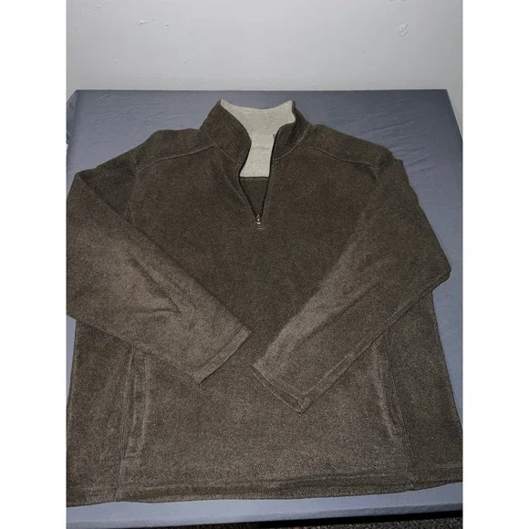 St Johns Bay Mens XL Brown Fleece Quarter Zip Pullover Sweater Mock Neck Pocket
