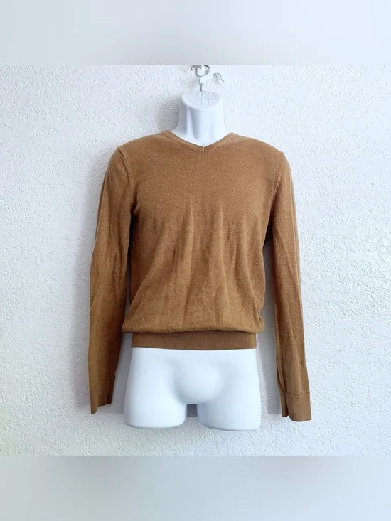 Bonobos Extra Fine Merino Wool V-Neck Sweater Small Tan Camel Brown Classic Soft