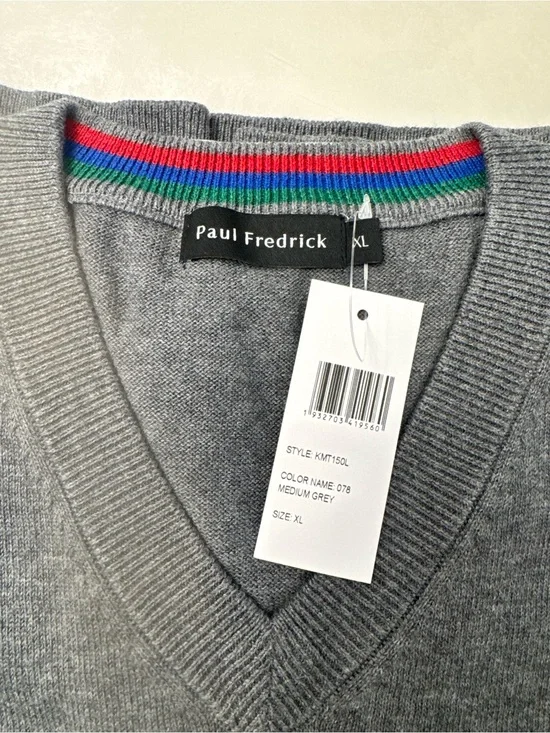 Paul Fredrick Medium Grey V-Neck Sweater with Red, Blue & Green Stripe Collar