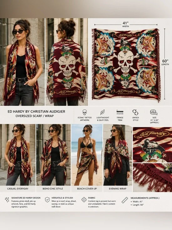 Ed Hardy Pirate Skull Pin Up Oversized Fringe Scarf Wrap 41
