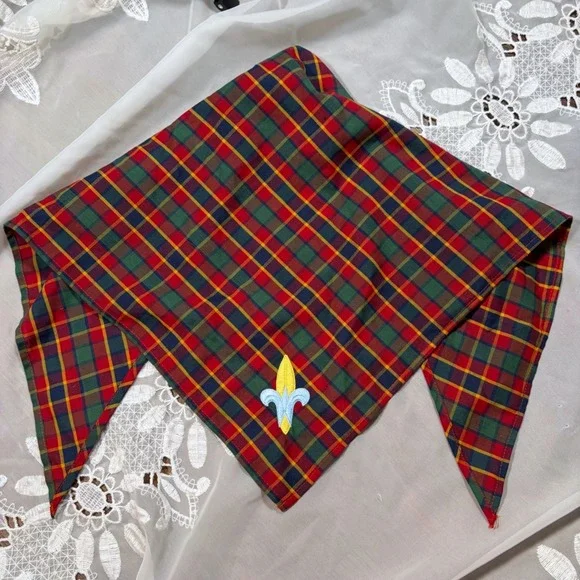Boho Cottage Handmade Plaid Bandana Scarf Fleur-de-lis Embroidered Patch