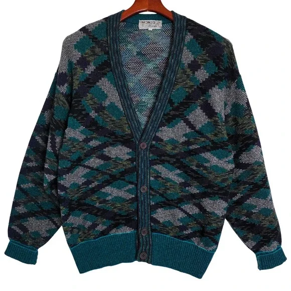 VTG Mondo di Marco Teal Purple Geometric Grandpa Cardigan Sweater. Italy‎ Med