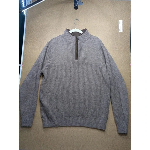 LL Bean Mens Merino Lambswool Quarter Zip Sweater Brown Textured Knit M 237808