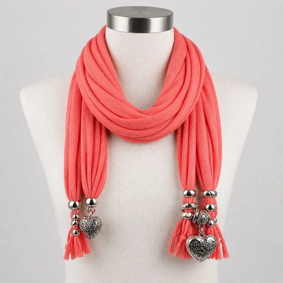 Coral Jewelry Scarf Silver Cross Charm Tassel Necklace Scarf Statement OS