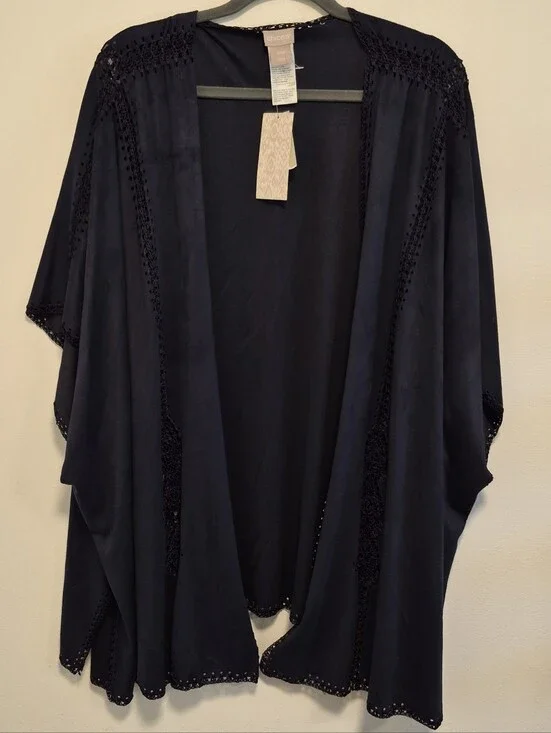 Chico's Ruana Wrap Faux Suede Navy Blue Cover Up Jacket Crochet Size S/M