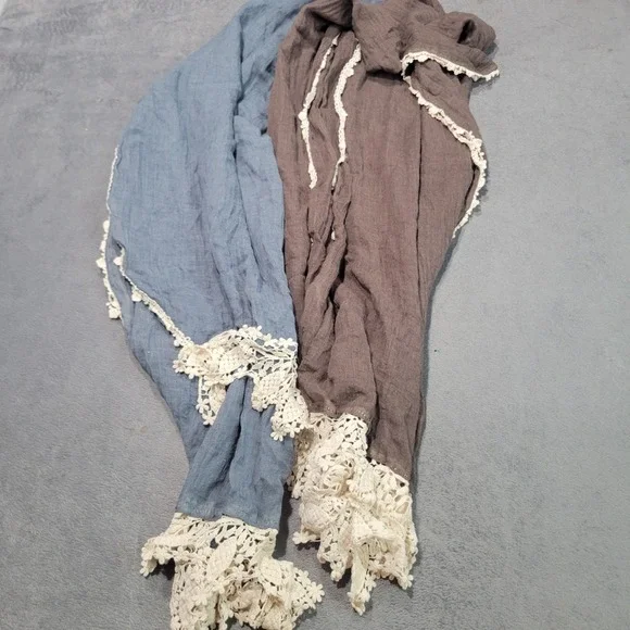 Scarf‎ Set Women Blue Brown Crochet Lace Trim Boho Crinkle Gauze Wrap 2pc Set