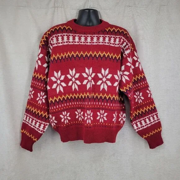 Greatland Vintage 90s Men's Red Nordic Fair Isle Crewneck Sweater