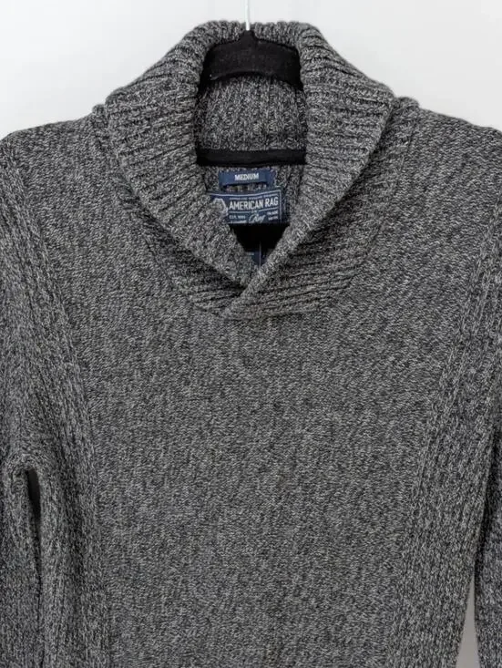 American Rag Medium Shawl Collar 100% Cotton Gray Heather Ribbed Sleeve Sweater