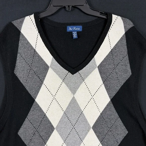 Paul Frederick Sweater Vest Silk Cashmere  V-Neck Sz 3XLT Black & White Argyle