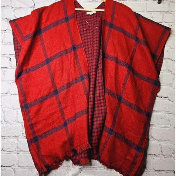 Loft Red Blue Plaid Poncho Wrap Shawl‎ Size XS/S