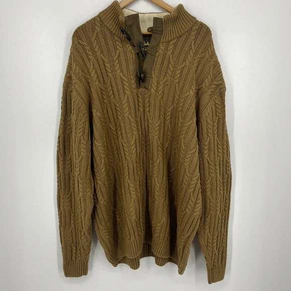 Cabela's Mens 2XL Brown Cable Knit Toggle Fleece Lined Sweater Elbow Patches