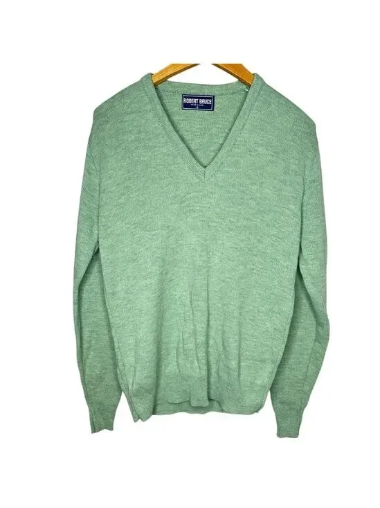 Vintage Robert Bruce Men’s Green V-Neck Knit Sweater Made In USA Size‎ L