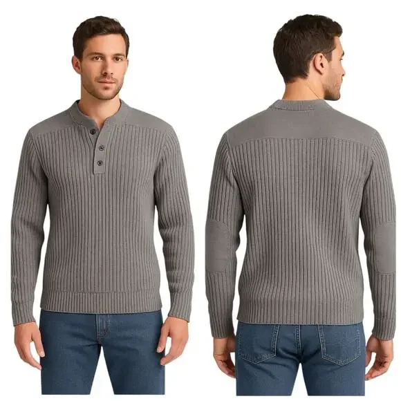 L.L.Bean Men’s Commando Henley Sweater L Gray Merino Lambswool Patches F237